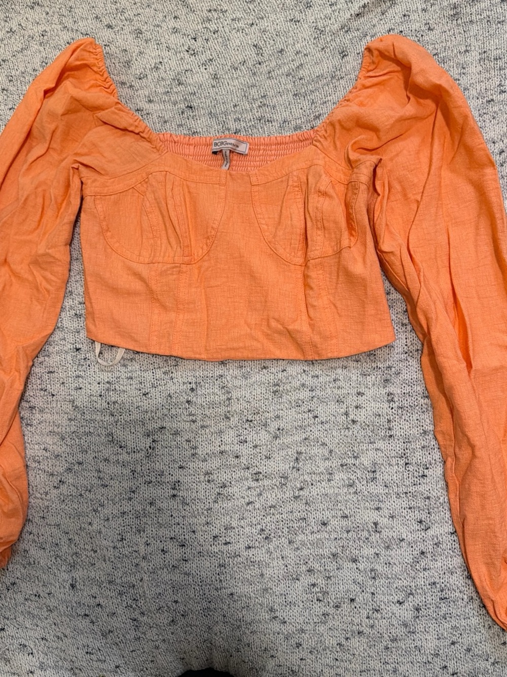 BCBGeneration Orange Puff-Sleeve Square Neck Crop Top